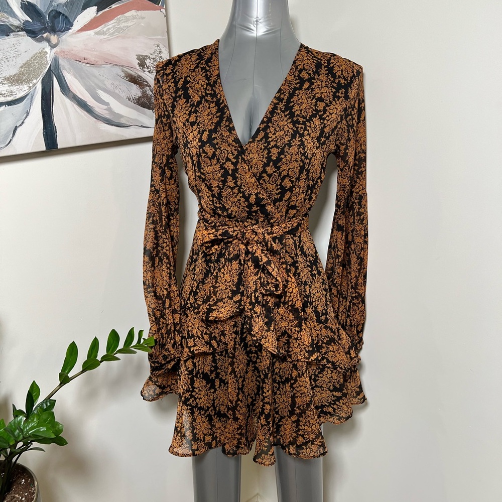 Floral Wrap Dress - Black and Brown